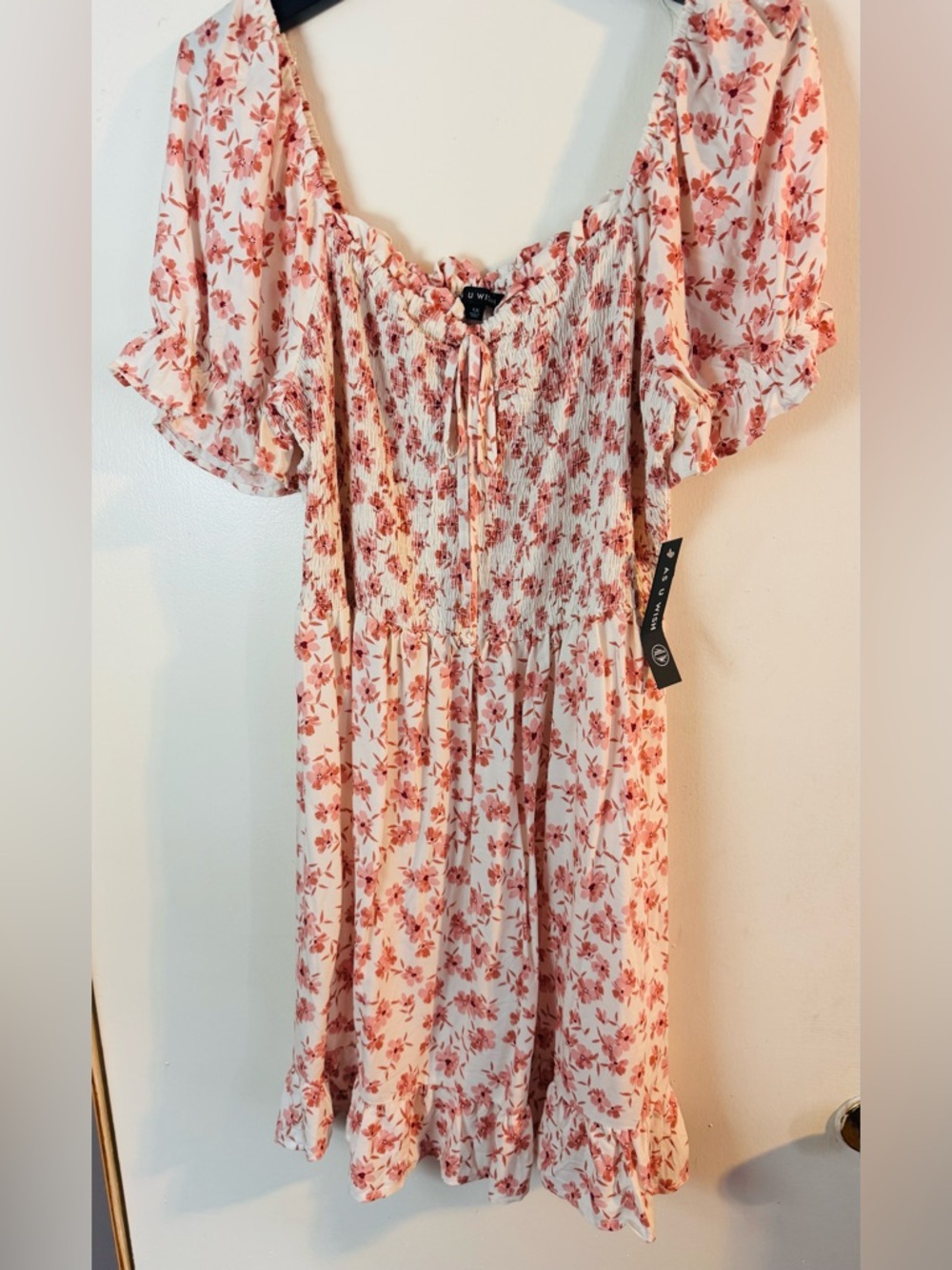 1XL Floral Pink and Cream Smocked Midi Dress